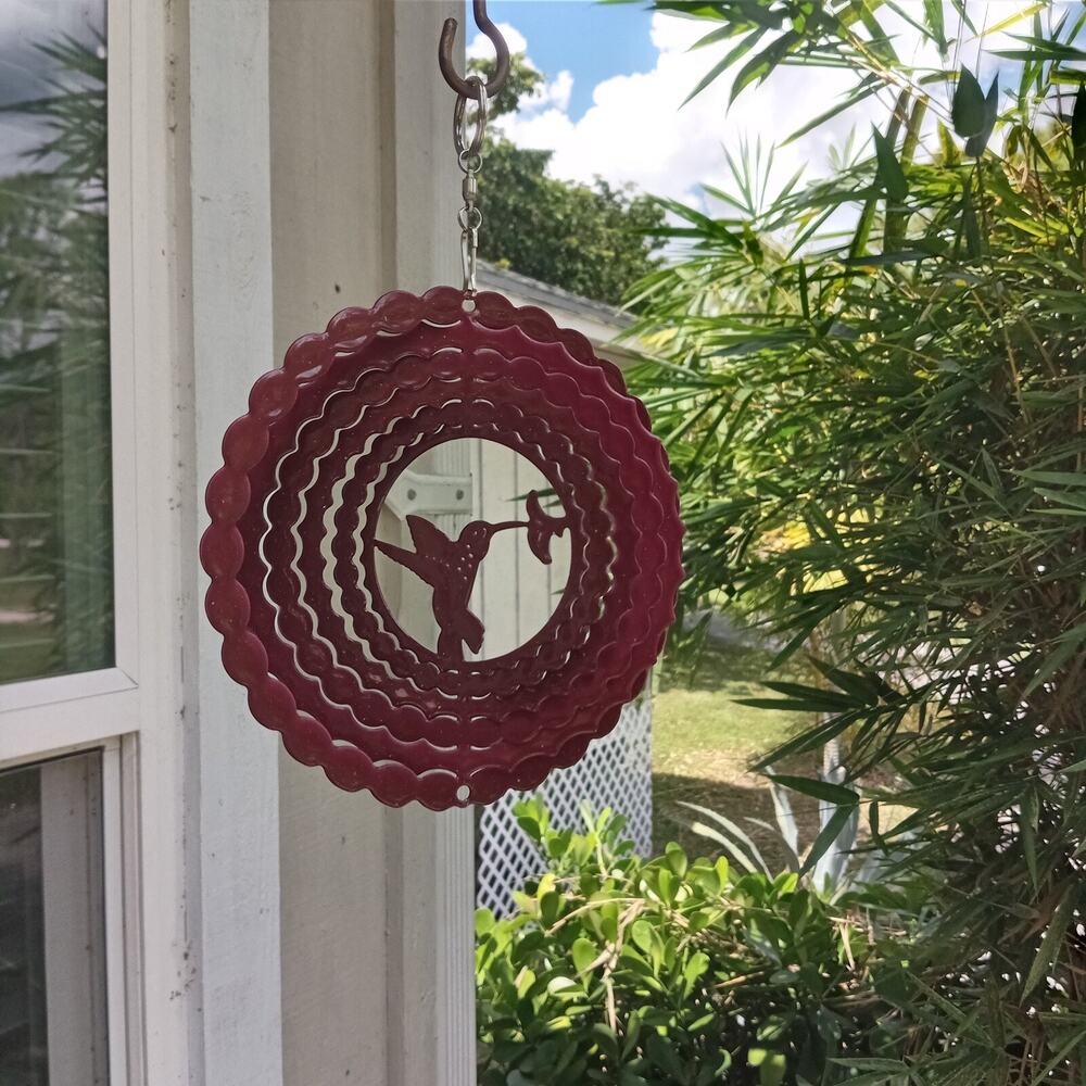 Hummingbird Wind Spinner Metal Hanging 6.5" Magenta Enamel 3D Kinetic Art NWT